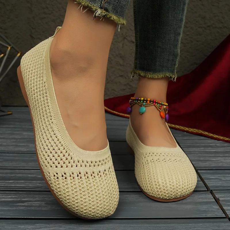 Туфли на плоской подошве 2024 года, новые весенние, летние и осенние, повседневные, трикотажные, дышащие, с неглубоким носком, модные туфли на плоской подошве для женщин, Zapatos