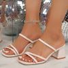 Босоножки-мюли с квадратным носком Женские Летние 2025 Высокий каблук Бежевые ремешки Туфли для платья Женские Слипоны Гладиаторские Сандалии Женские Большой размер