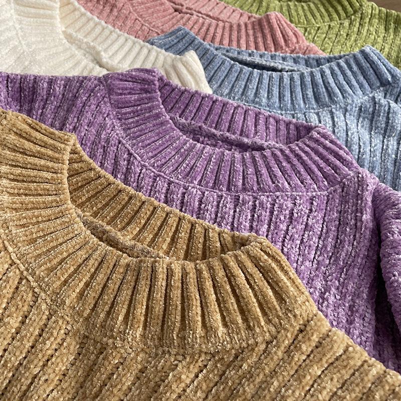 Женский короткий однотонный вязаный свитер с круглым вырезом и длинными рукавами из шенилла, свободный базовый свитер