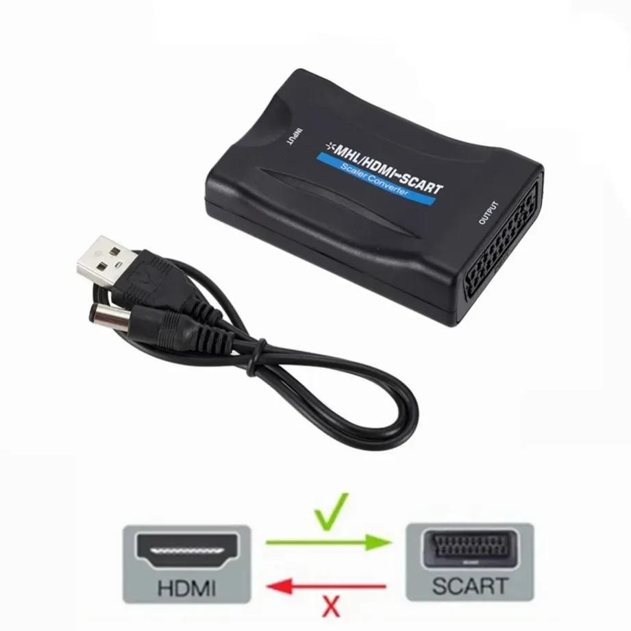 HDMI-compatible to SCART Video Audio Converter With Power Adapter For HDTV Sky Box DVD Television Signal 1080P Upscale Converter