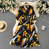 Summer Women Vintage Printed Dress Elegant V-Neck Puff Sleeve High Waist A-Line Midi Robe Female Vacation Beach Dresses