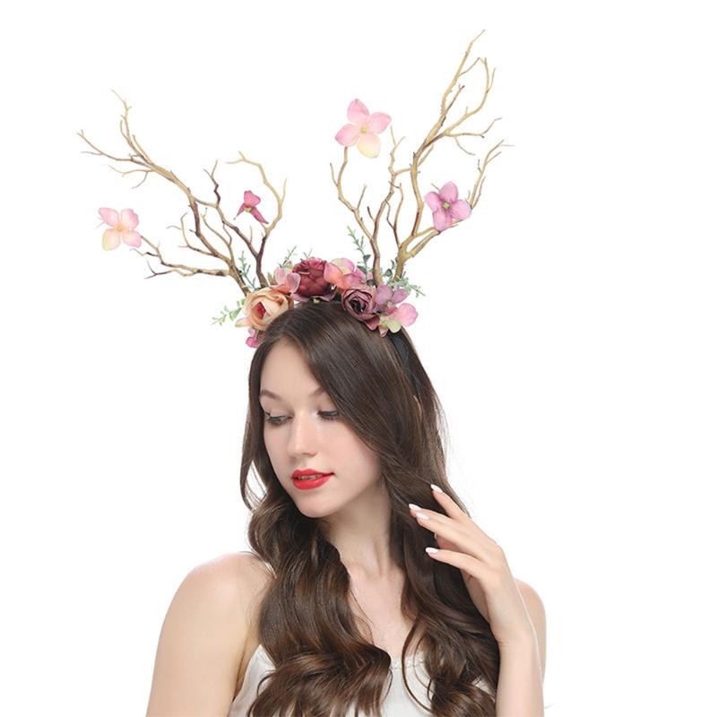 Flower Crown Hair Wreath Deer Antlers Headbands Reindeer Headdress Floral Headwears Holiday Wedding Photo Props