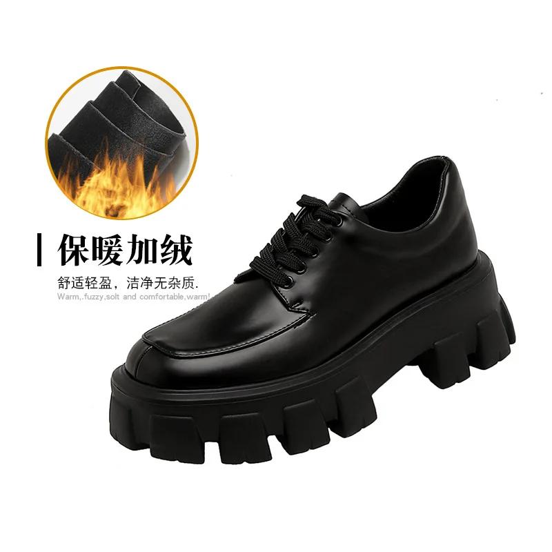 Женские кожаные туфли в британском стиле, весна-осень 2024, туфли-лоферы в стиле ретро, туфли на толстой платформе с завышенной талией и шнуровкой