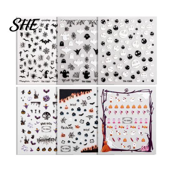Nail Decoration Decal Set 6 Sheets Halloween Stickers for Women, Pumpkin Ghost Bat Skull Manicure Supplies Decals, Art Accessories Home Salon Decals