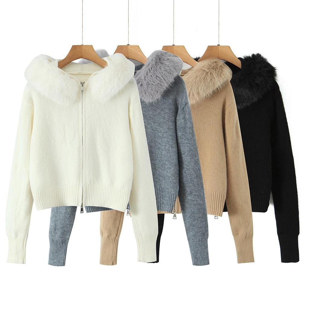 French-Style Faux Fur Collar Zipper Cardigan - Women's Autumn/Winter Sweater