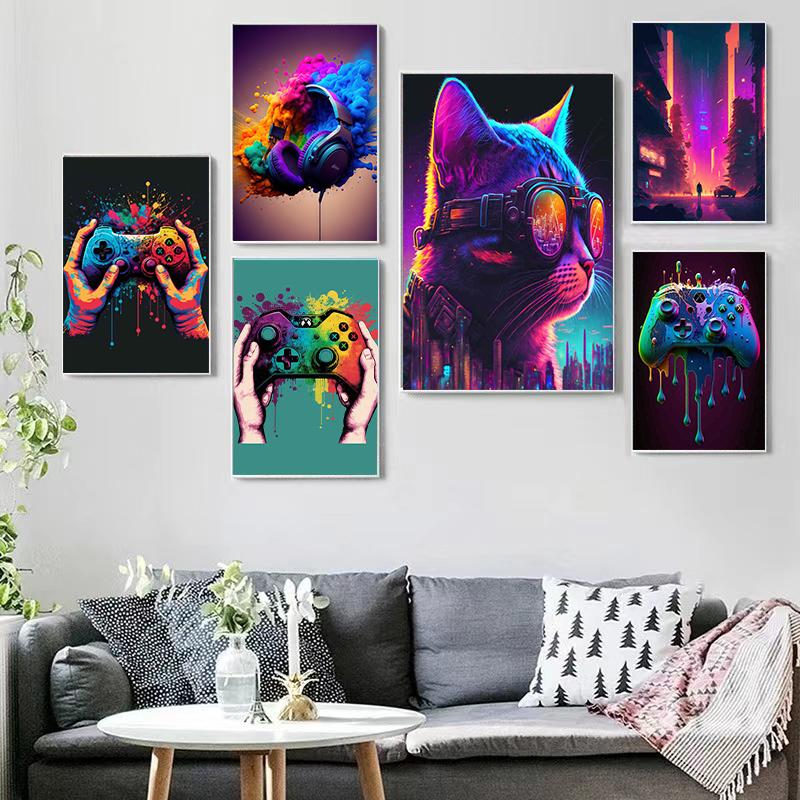 Геймерский контроллер, крутой игровой постер и принты, Spel Kawaii, наушники, красочная картина, настенная живопись, холст, картина, декор для комнаты, подарки