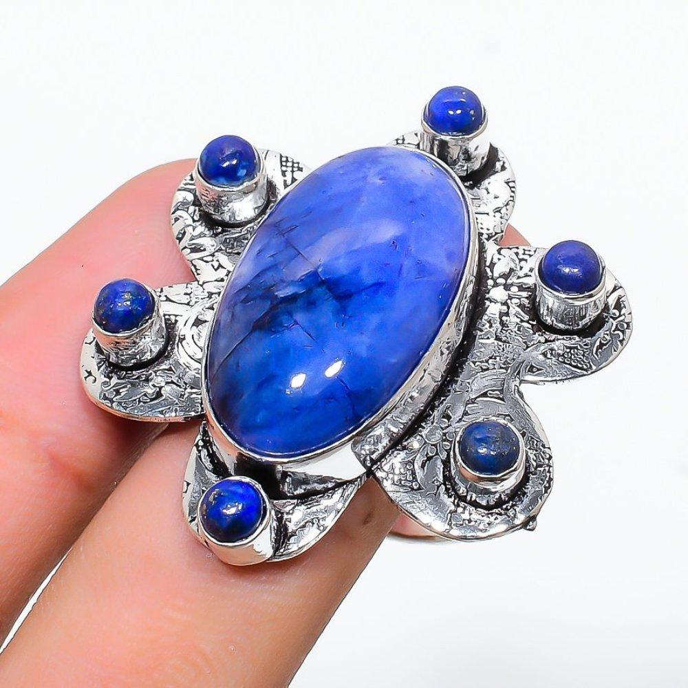 Blue Moonstone, Lapis Gemstone Handmade 925 Sterling Silver Ring Size 9 d4G33