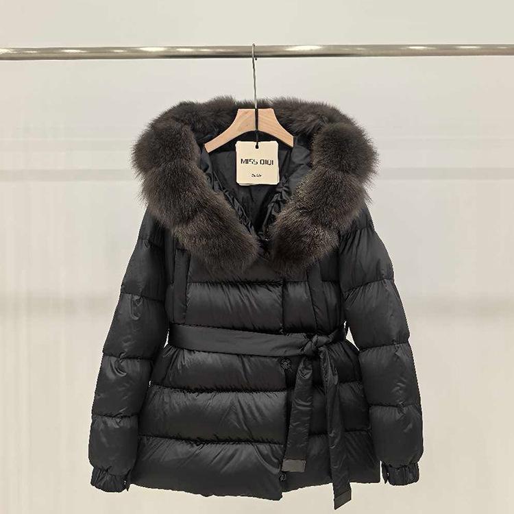 Winter new fox big fur collar short hooded down jacket women's waist slim fit thickened warm jacket