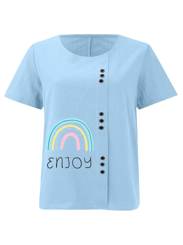 Women's Fashion Rainbow Black Letters Print Casual Cotton Linen Short Sleeve Round Neck T-shirt Shirt Leisure Loose Summer Blouse Tops
