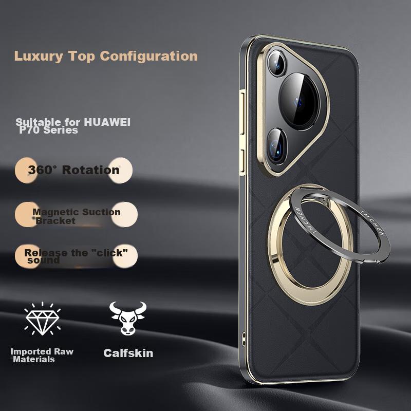 Rotating Stand Leather Embroidery TexturePhone Case for Huawei Pura70Pro, Pura70Pro+ Full Coverage Lens Protection, Ultra-Thin Shockproof - Black