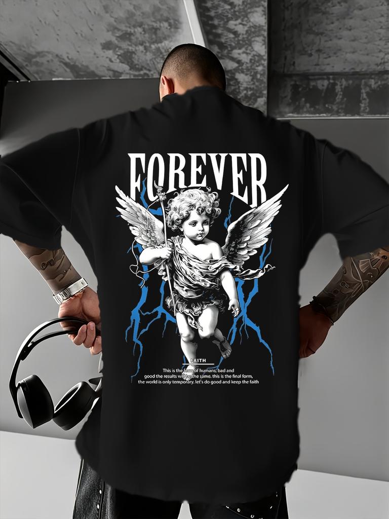 Forever Angel with Blue Lightning Graphic Print 100 Cotton Unisexs T Shirt for Summer Streetwear Edgy Divine Vibe