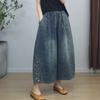 Summer Embroidered Denim Wide Leg Pants for Women Elastic Loose Casual Vintage Style Nine Cent Pants Female