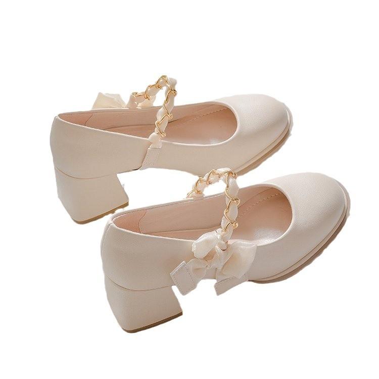 Женские туфли на высоком каблуке 2025 весна новые в сказочном стиле универсальные на толстом каблуке маленькие кожаные туфли с юбкой туфли Мэри Джейн женские