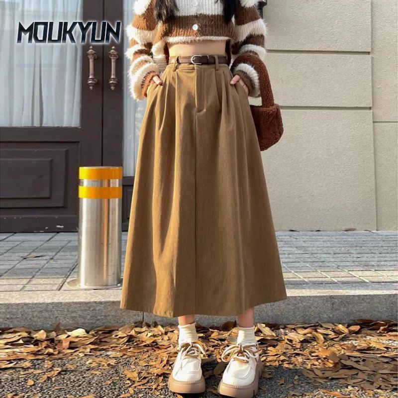 Корейские женские коричневые юбки зимние с высокой талией вельветовые длинная юбка женская плиссированная юбка А-силуэта в студенческом стиле женские Faldas