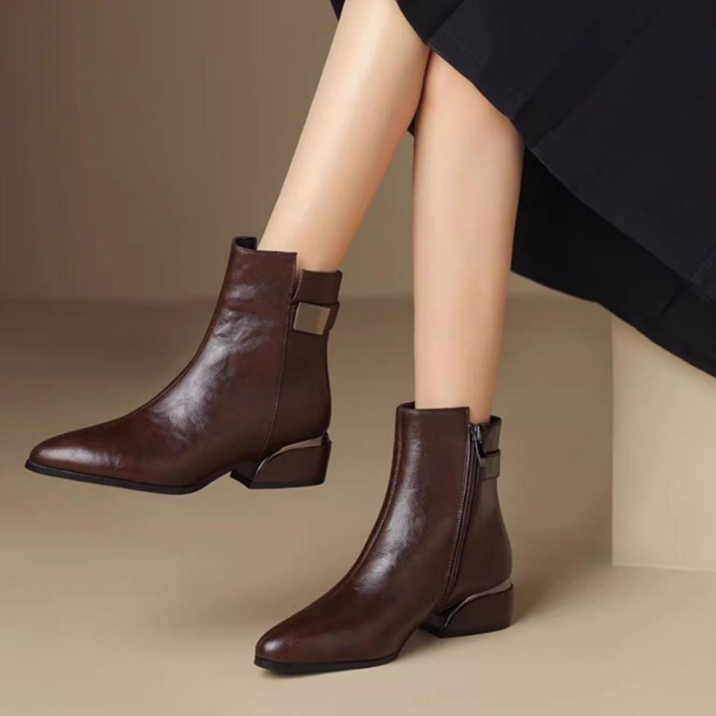 Женские ботинки Мартин, новые женские ботинки, осенне-зимние кожаные ботинки, остроносые, в британском стиле, на низком каблуке, коричневые, тонкие ботинки
