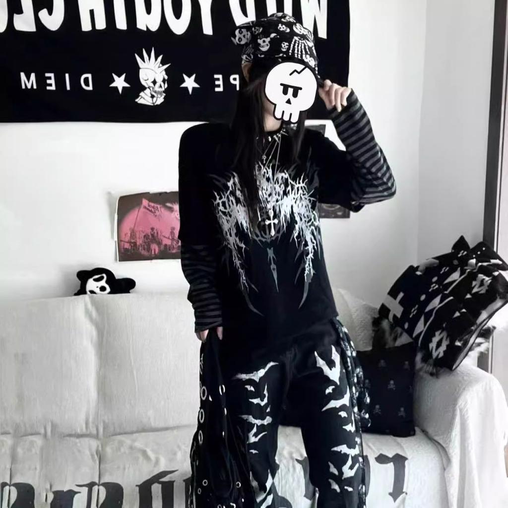 Поддельные футболки из двух частей в полоску в стиле пэчворк Y2k, эстетика, повседневная свободная футболка с принтом в стиле Харадзюку, готическая уличная женская футболка в стиле гранж