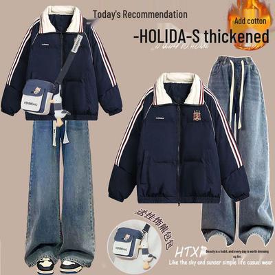 Зимний комплект в стиле колор-блок: Хлопковое пальто свободного кроя в корейском стиле и джинсы на кулиске для студенток