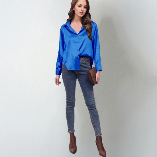 Женская рубашка с лацканами, длинным рукавом, из гладкого атласа, топы, однотонная, свободного кроя, повседневная рубашка, рубашка офисной леди, для повседневной носки