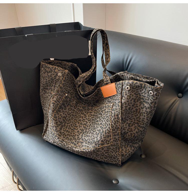 Сумка-тоут с леопардовым узором, винтажная холщовая сумка на плечо, модная большая вместительная сумка для школы, работы, шопинга