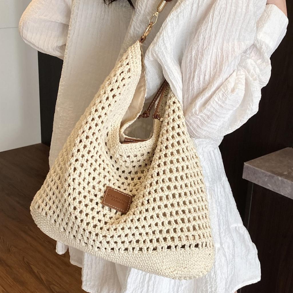 Праздничная плетеная сумка, женская летняя новая модная ажурная вязаная сумка через плечо, большая вместительная сумка для поездок на работу