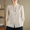Women's Summer Chinese Style Seven Quarter Sleeved Top with Stand Up Collar Embroidered Thin Shirt