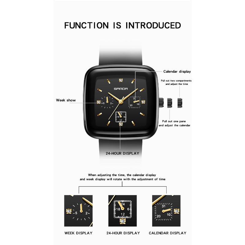 SANDA Новые квадратные кварцевые часы с шестью швами, мужские и женские часы, модные силиконовые Plaza, креативные персонализированные кварцевые часы