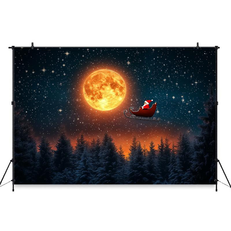 Mocsicka Christmas Photography Background Night Starry Sky Moon Forest Tree Decoration Santa Claus Children Party Photo Backdrop