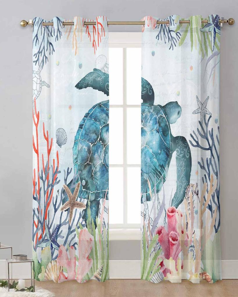Летняя морская жизнь Коралловые морские черепахи Прозрачные шторы для украшения гостиной Оконные шторы Кухонные тюлевые шторы-вуаль