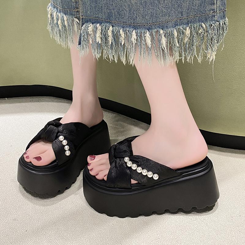 Fashion 9CM Women High Platform Beads Slippers New 2025 Summer Beach Ladies Wedge Heels Shoes Woman Outside Chunky Sandals