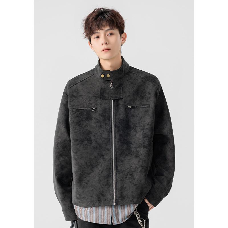 Мужская ретро американская куртка из искусственной кожи тай-дай - Теплая, модная, со стойкой воротником для осени