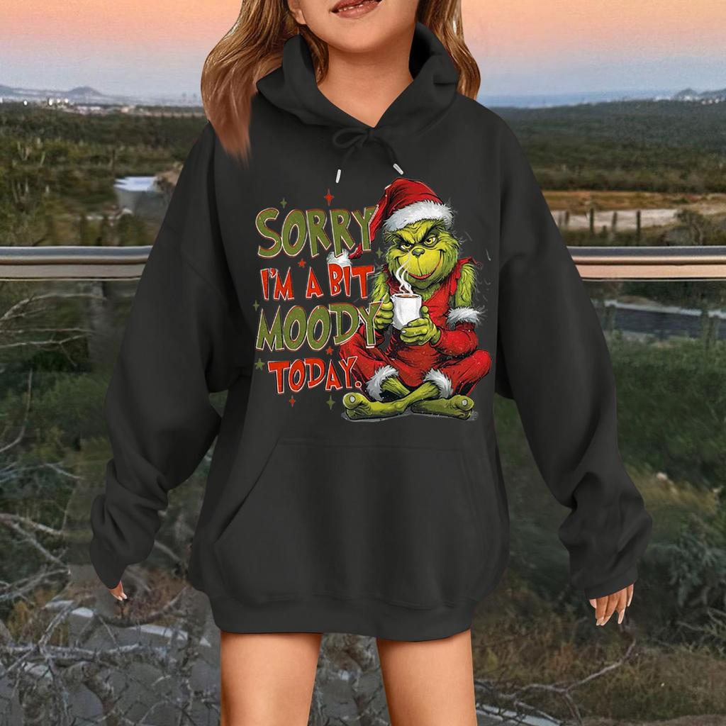 Children's Fashionable Casual Long-sleeved Loose Christmas Print Pullover Hooded Sweatshirt