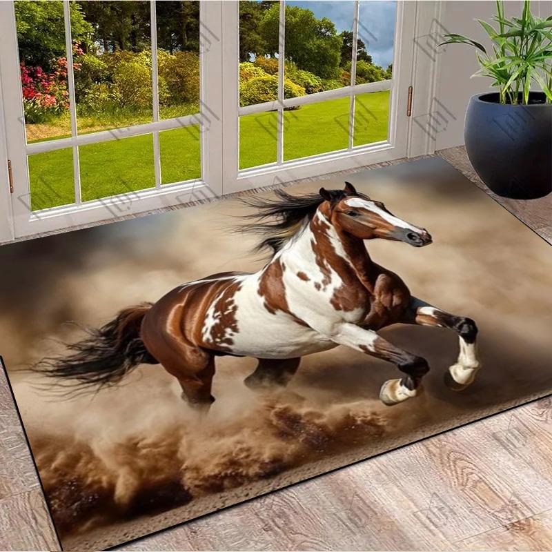 Pinto Paint Running Horse Dust Storm Print Area Rug Wildlife Animal Non Slip Rectangular Floor Mat Horse Lover Gaming Room Bedroom Decor Rug