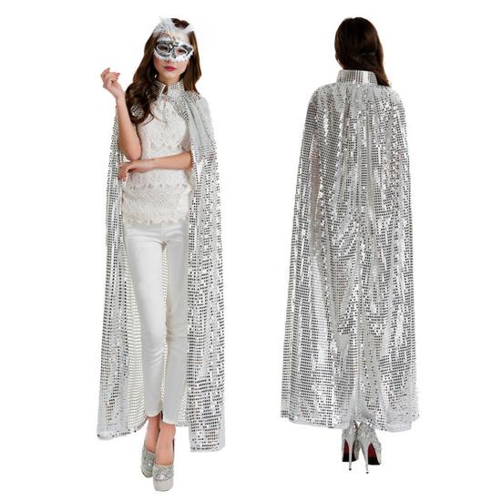Adult Long Paillette Cape for Women Halloween Party Sequin Cloak Costume Full Length Witch Cosplay Robe for Role-Playing Stage Performances