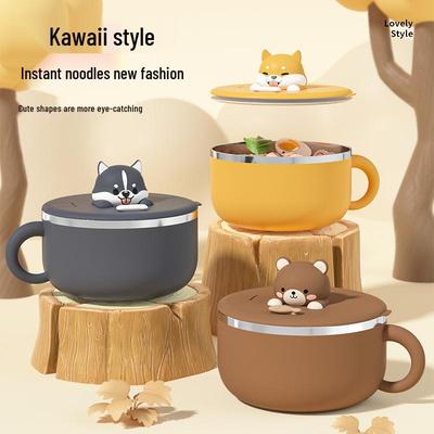 Портативная миска для лапши из нержавеющей стали 304 с крышкой - Милая чашка-бенто для фильтрации воды