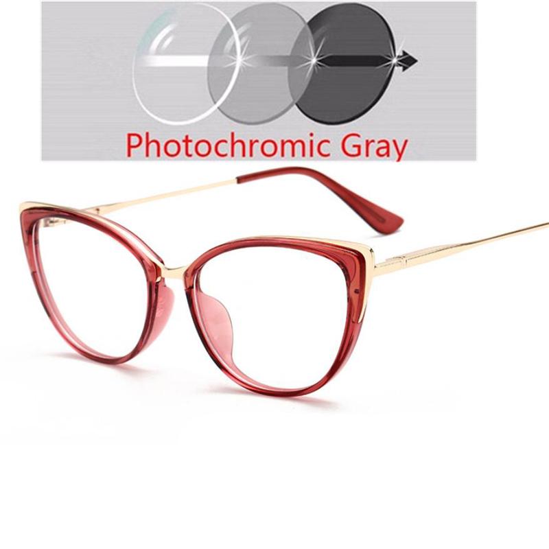 Anti-Blue Light Cat Eye Prescription Spectacle Women Myopia Lens Photochromic Glasses Diopter 0 -0.5 -0.75 -1.0 -2.0 To -6.0