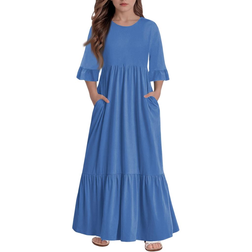 Girls' Tiered Ruffle Dress - 3/4 Sleeve Pocket Maxi With Pockets