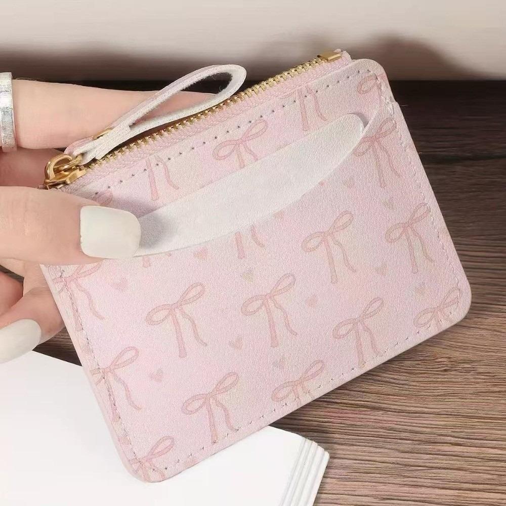 Portable PU Leather Bow Wallet Multi-card Slot Zipper Short Card Bag Multi-functional Storage Card Holder Outdoor
