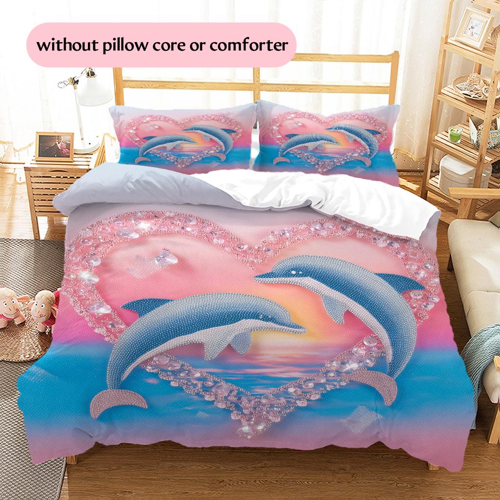 Мультяшная цветная дельфиновая постельное белье Домашний декор Подарок на день рождения (1 пододеяльник + 2 наволочки, без наполнителя)