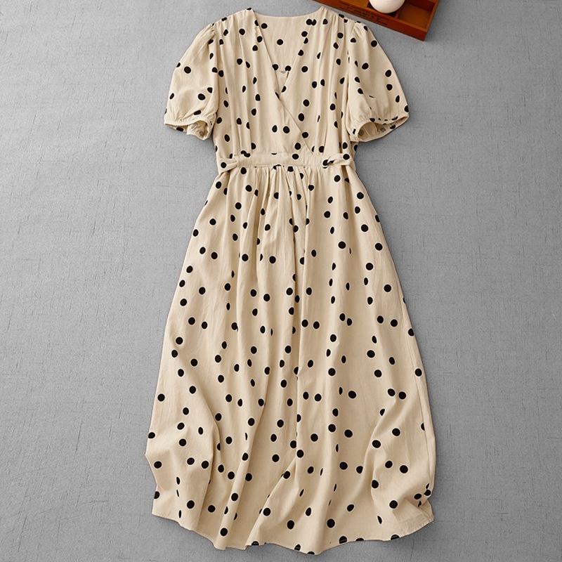 Retro Medium and Long Polka Dot Dress for Women's 2025 Spring and Summer New Waist and Thin Gentle Wind V-neck A-shaped Skirt