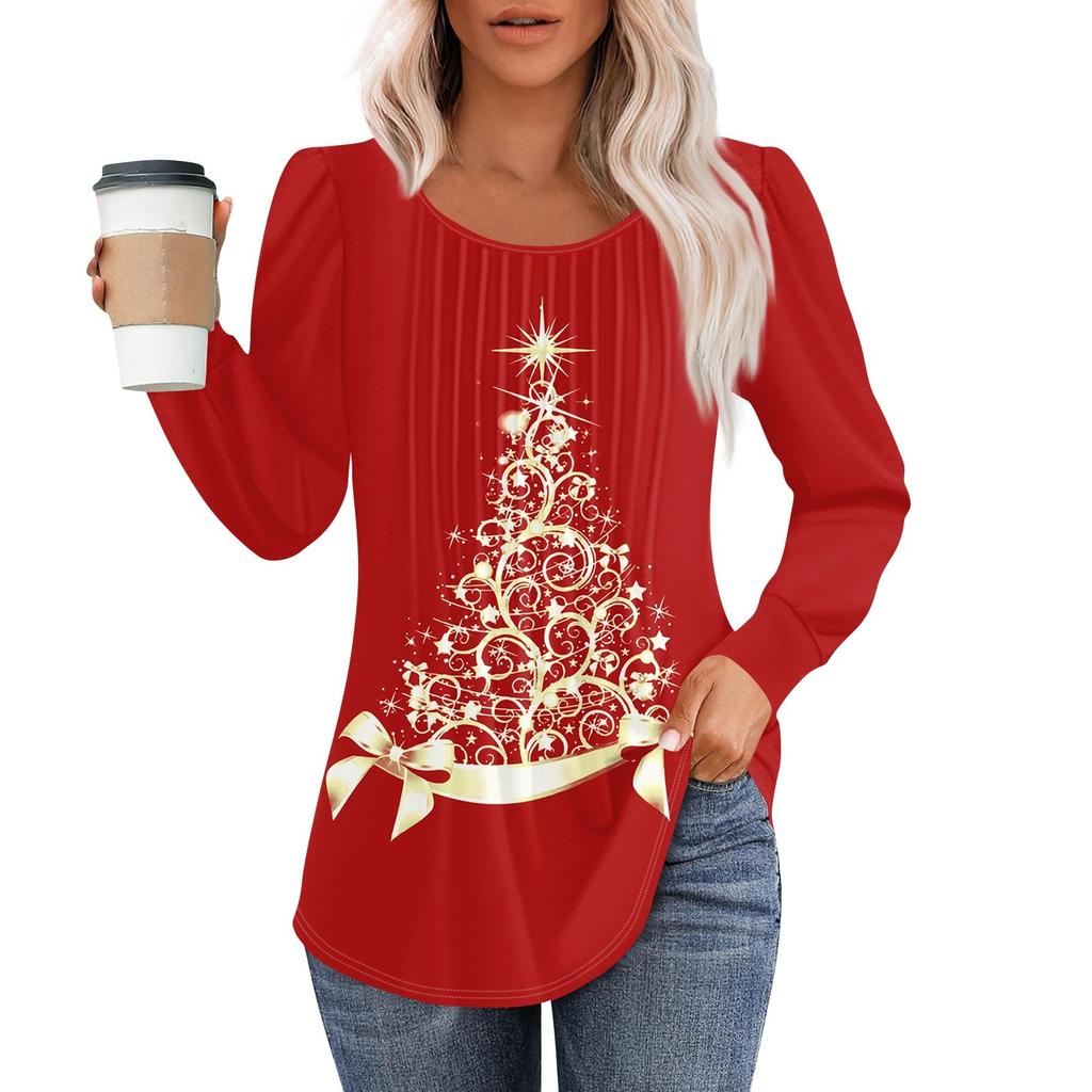 Рубашки с длинным рукавом для женщин, топы, нарядные повседневные блузки с рождественским принтом, плиссированные туники с круглым вырезом