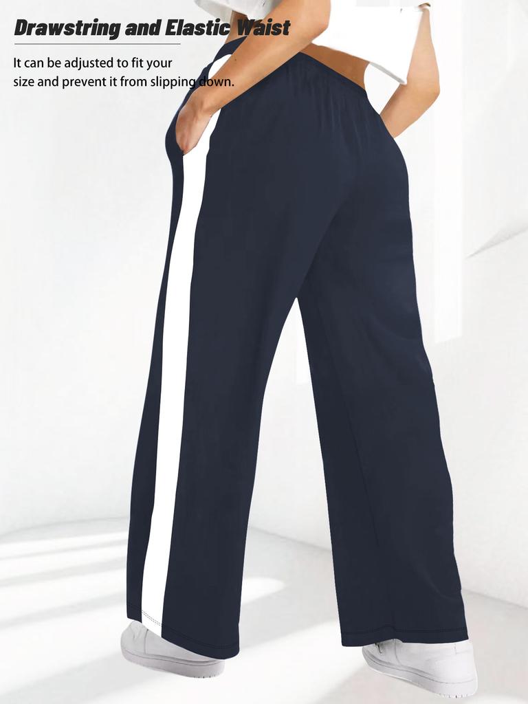Side-seam White Stripe Oversized Straight-leg Casual Pants Loose Athletic-style Elastic Waistband with Drawstring Casual Pants