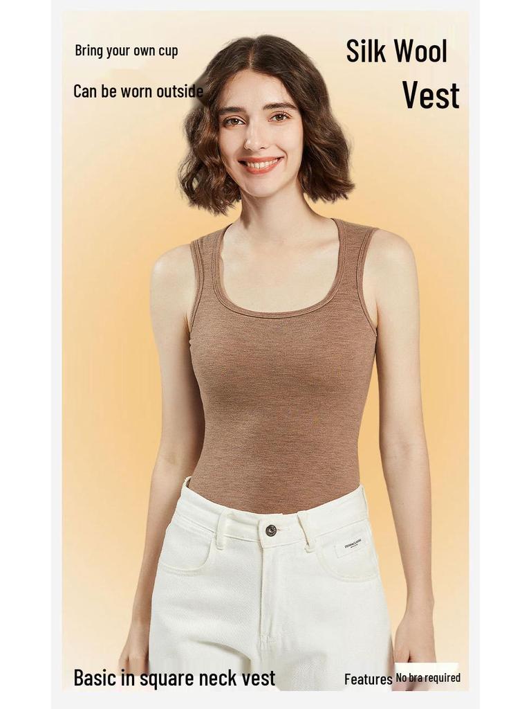 Mulberry Silk Merino Wool Fleece-Lined Vest for Women with Chest Pads and Cut-Out Shoulders, Velvet Inner Layer, for Autumn and Winter