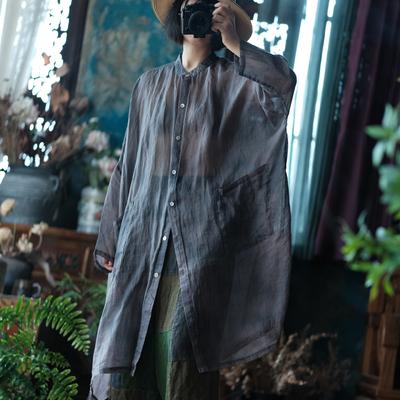 Женские винтажные длинные рубашки с длинным рукавом, однотонные летние блузки с карманами на пуговицах