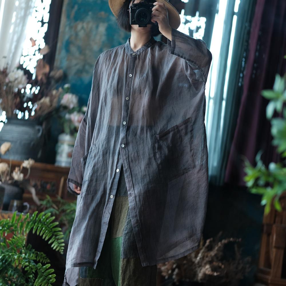 Johnature Женские винтажные длинные рубашки с длинным рукавом, однотонные летние блузки с карманами на пуговицах
