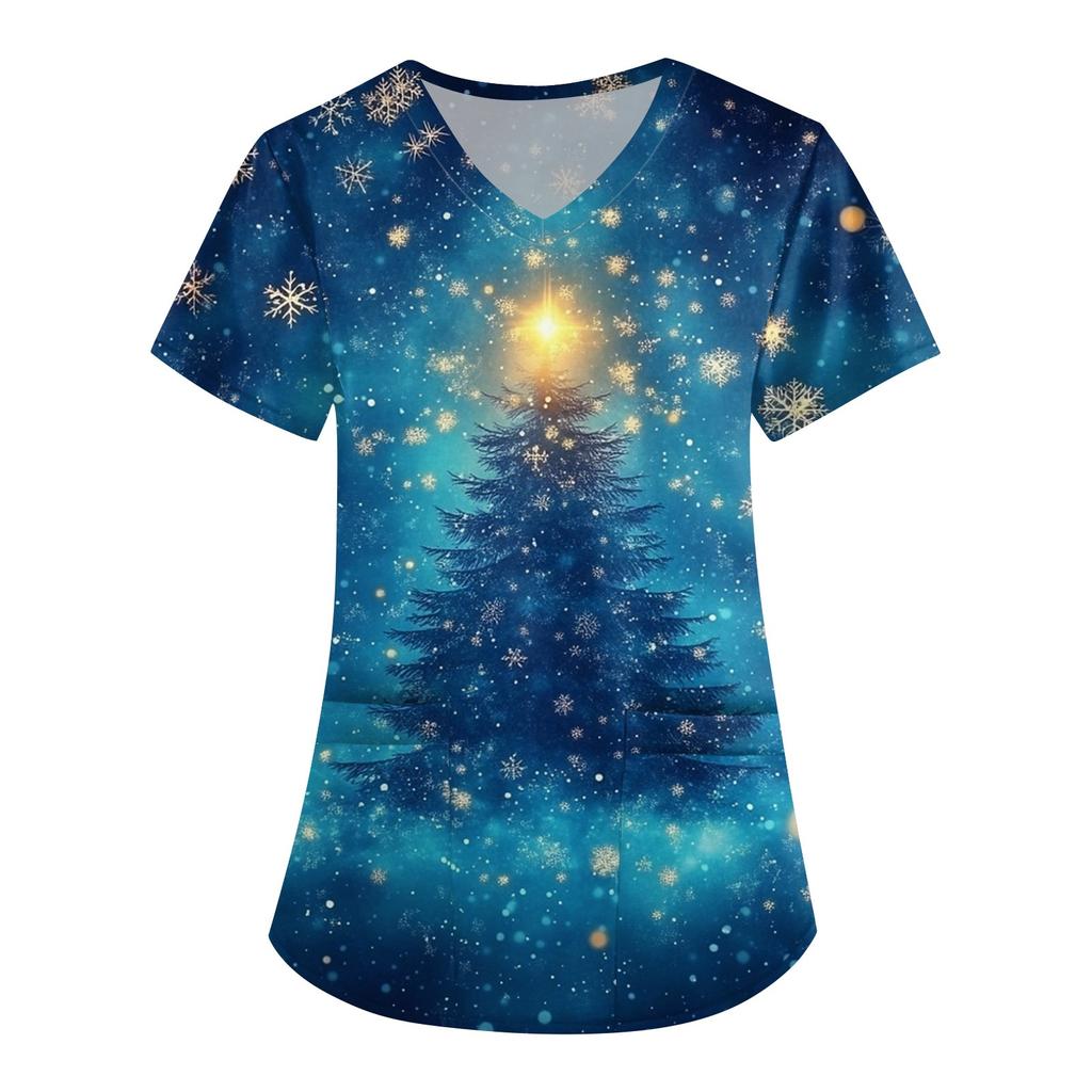 Женская симпатичная рабочая одежда с принтом, V-образным вырезом, двухслойными карманами, базовым коротким рукавом, пуловером на Рождество