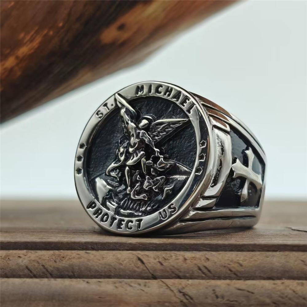 1/ST MICHAEL Сплошное кольцо из нержавеющей стали 316L Ювелирные изделия Кольца со святым ангелом для защиты
