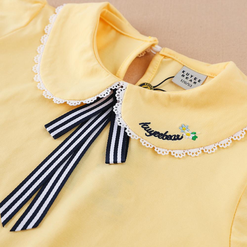 Girls Summer Shirt 2024 New Kids Cotton Clothes School Children Striped Tie Front Lace Trim Peter Pan Collar Puff Sleeve Tee