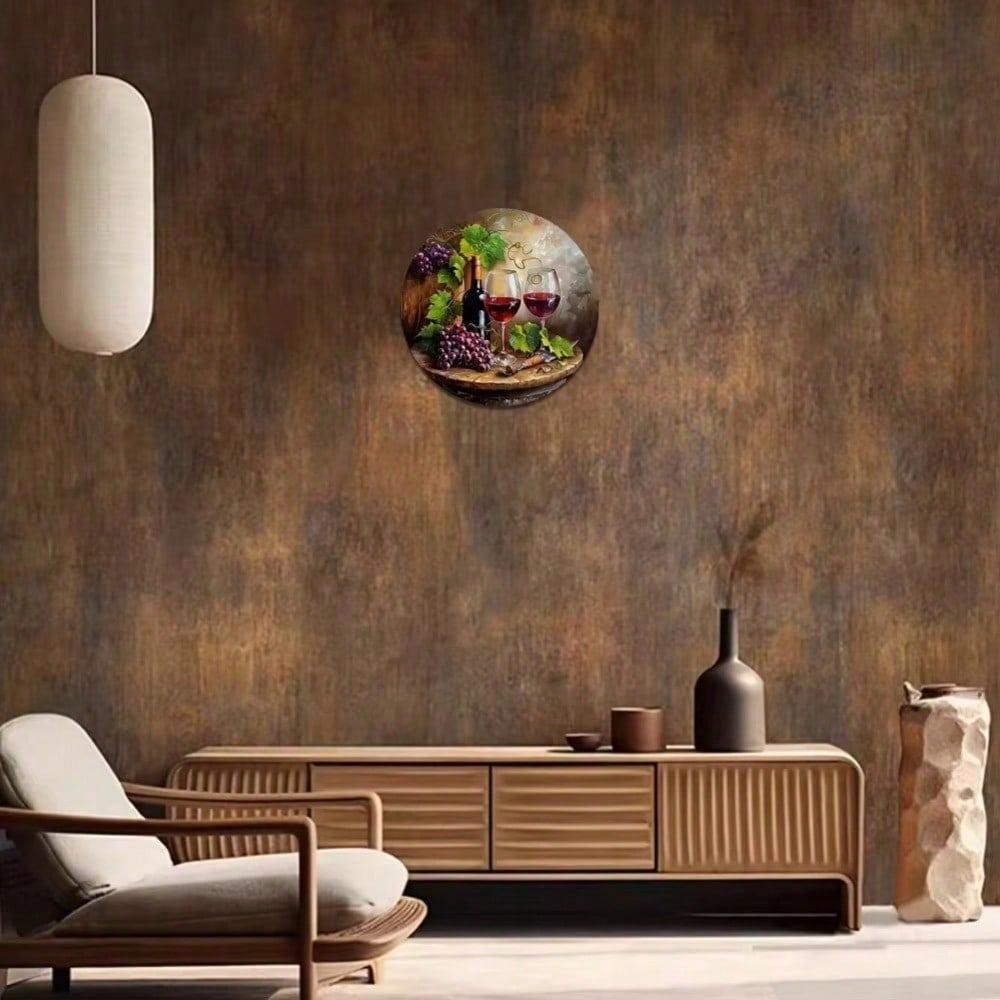 2D Круглая настенная art-декор для винного бара - Элегантный декор с лозой и бокалом - Металлическая жестяная табличка для дома, ресторана, кухни