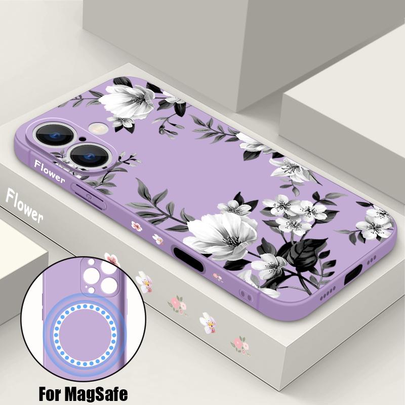 Магнитный чехол с черно-белым цветочным узором для Magsafe, для iPhone 16 Pro Max, Coque iPhone 15 Pro Max 14 13 11 17, чехол со встроенной металлической пластиной