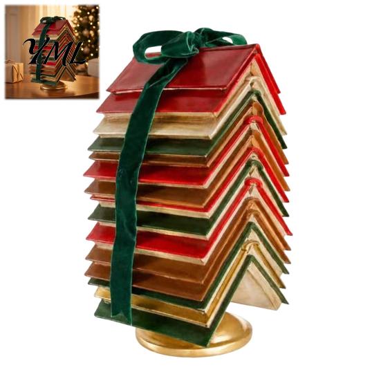 Literary Christmas Table Centerpiece Stacked Book Tree Tabletop Decor, Resin Page Ornament for Home Durable Holiday Office Desk, Rustic with